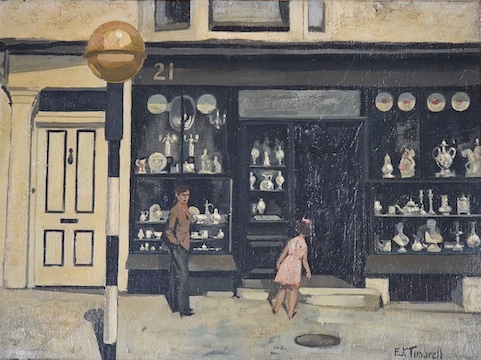 Frederick James Timbrell (1905-1992), oil on board, ‘The Silver Shop’, signed, various labels including The Royal Institute of Oil Painters inscribed label verso, 29.5 x 40cm. Condition - fair to good